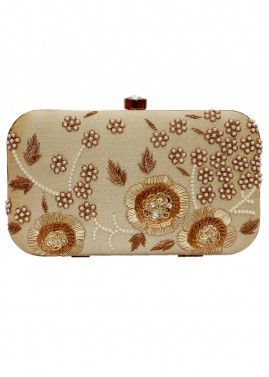 Floral Embroidered Beige Silk Clutch With Chain Strap