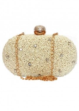 Pearl Beaded Cream Clutch With Chain Strap