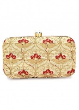 Embroidered Golden Clutch With Chain Strap