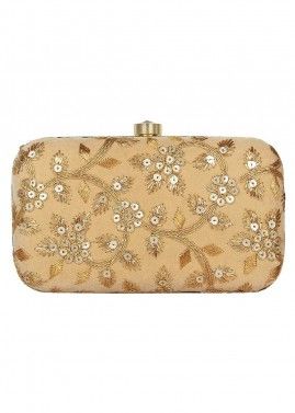 Golden Embroidered Velvet Clutch With Chain Strap
