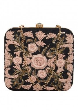 Floral Embroidered Black Silk Square Box Clutch