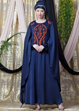 Readymade Blue Cape Sleeved Embroidered Abaya