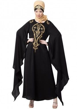 Readymade Embroidered Cape Sleeved Black Abaya