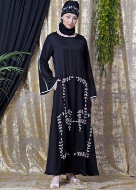 Black Hand Embroidered Bell Sleeved Abaya