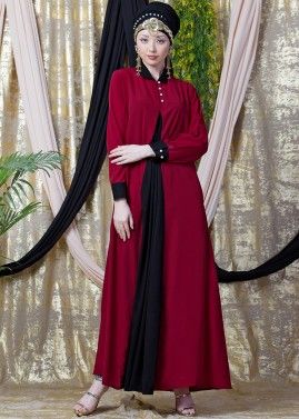 Readymade Black and Maroon Contrast Collar Abaya