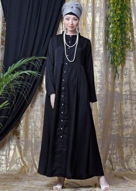 Black Readymade Flared Abaya In Satin
