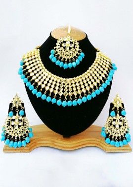 Turquoise Stone Studded Kundan Necklace Set