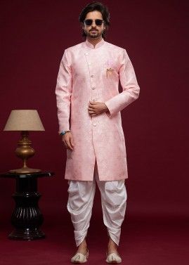 Pink Readymade Jacquard Men's Indo Wester Sherwani & Dhoti