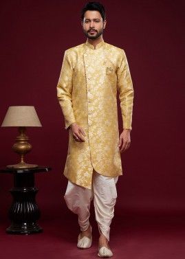 Golden Readymade Men's Woven Indo Western Sherwani & Dhoti