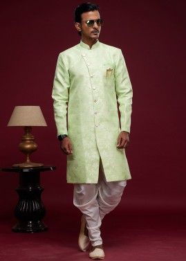 Green Readymade Men's Woven Indo Western Sherwani With Dhoti 