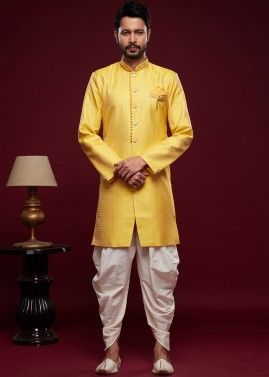 Yellow Readymade Jacquard Men's Indo Western Sherwani With Dhoti