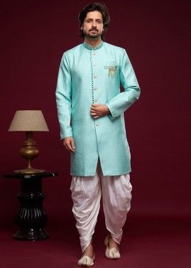 Turquoise Readymade Men's Indo Western Sherwani & Dhoti In Jacquard