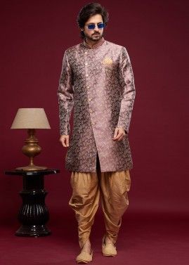 Pink Readymade Woven Jacquard Men's Indo Western Sherwani & Dhoti