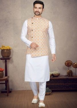 White Kurta Pajama & Digital Printed Nehru Jacket