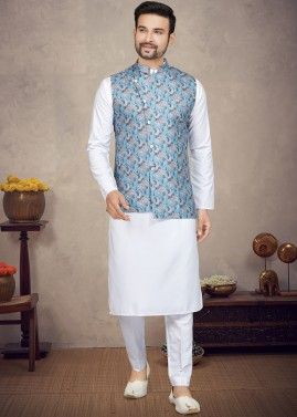 White Kurta & Pajama With Digital Print Nehru Jacket