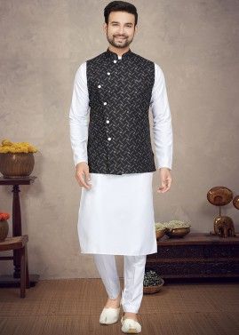 Readymade White Kurta Pajama & Printed Nehru Jacket