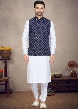 White Kurta With Pajama & Printed Nehru Jacket