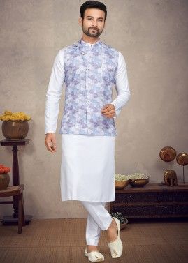 Readymade White Kurta Pajama With Printed Nehru jacket