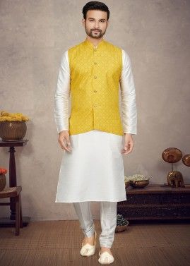 Off White Kurta Pajama & Printed Nehru Jacket