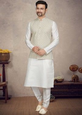 Mens Off White Kurta Pajama & Digital Print Nehru Jacket