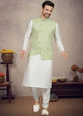 Off White Kurta & Pajama With Digital Print Nehru Jacket