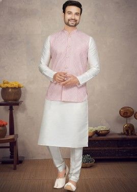 Off White Mens Kurta Pajama & Pink Nehru Jacket