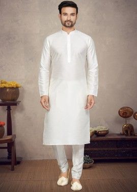 White Art Silk Mens Kurta Pajama
