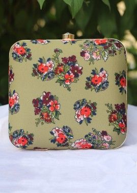 Green Floral Printed Square Box Clutch