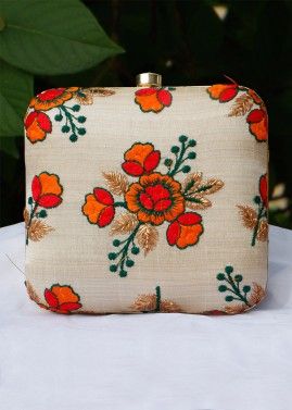 Floral Embroidered Beige Square Clutch