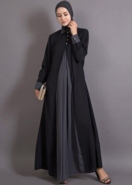 Readymade Black and Grey Contrast Collar Abaya