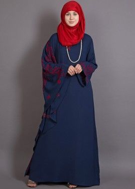 Blue Embroidered Readymade Crepe Abaya