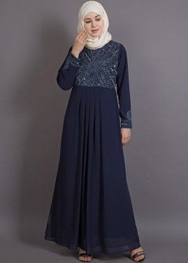 Navy Blue Readymade Embellished Flared Abaya