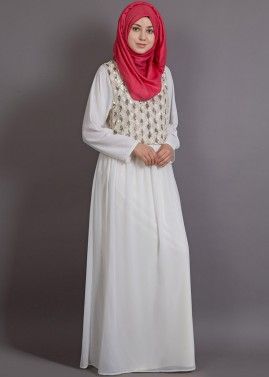White Flared Embellished Readymade Abaya