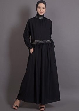 Readymade Black Embellished Flared Abaya