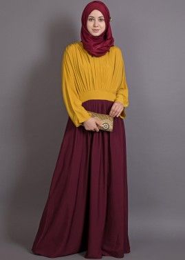 Yellow and Maroon Crape Readymade Abaya