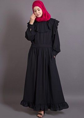 Black Frilled Design Readymade Flared Abaya