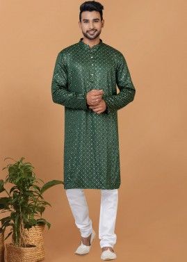 Green Readymade Embellished Mens Kurta Pajama In Art Silk