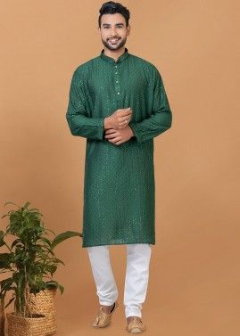 Green Readymade Embellished Viscose Mens Kurta Pajama Set