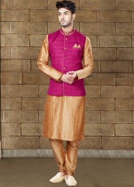 Readymade Beige Kurta Pajama with Magenta Nehru Jacket