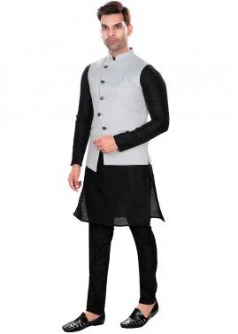 Grey Woven Mens Asymmetric Nehru Jacket