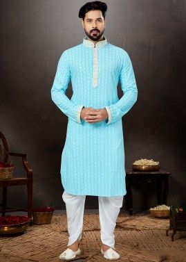 Blue Embroidered Mens Kurta In Rayon