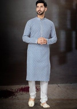 Blue Embroidered Mens Kurta In Rayon