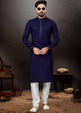 Blue Embroidered Kurta In Rayon