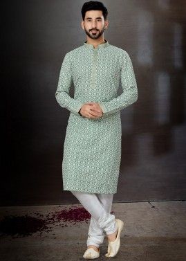 Green Embroidered Mens Kurta In Rayon
