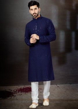 Blue Rayon Mens Kurta In Embroidery