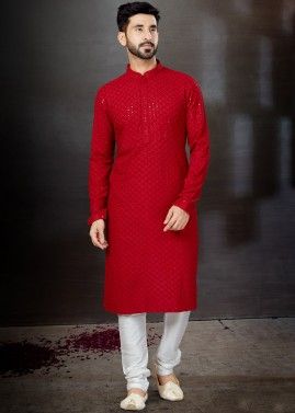 Red Embroidered Kurta In Rayon