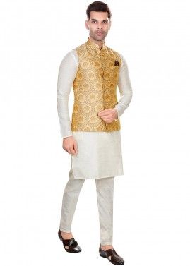 Off-White Kurta Pajama With Woven Nehru Jacket