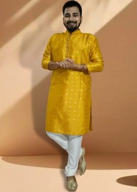 Yellow Foil Printed Silk Kurta Pajama