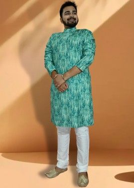 Turquoise Printed Mens Kurta With Pajama