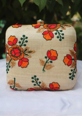 Floral Embroidered Beige Square Box Clutch